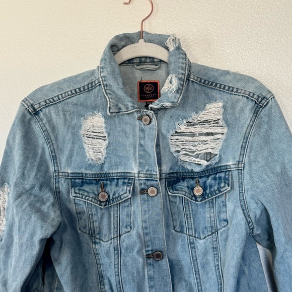 BoomBoom Jeans Jacket Denim Blue Shredded Distressed Denim Button Front Pocket M - Picture 3 of 9